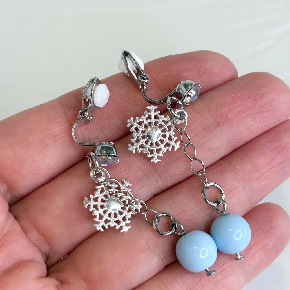 Snowflake Clip On Earrings Kids Blue Bead Dangle‎ Rhinestone Winter Jewelry